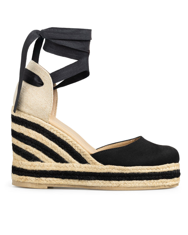 Alpargata Cuña Negra Beige Lace Up 1221