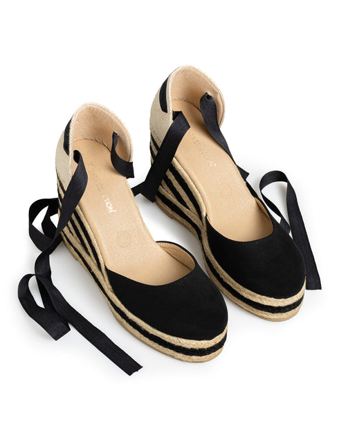 Alpargata Cuña Negra Beige Lace Up 1221