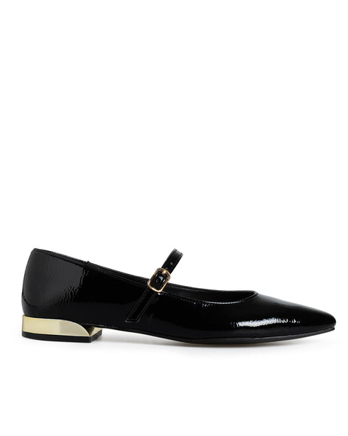 Balerina Negra Picuda Tacón Oro 1502
