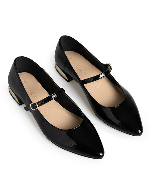 Balerina Negra Picuda Tacón Oro 1502