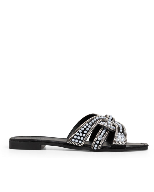 Sandalia Negra Brillos Perlas 2222