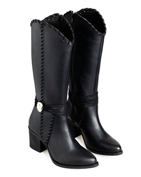 Bota Negra Vaquera Hebilla De Tiras 3092