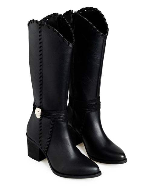 Bota Negra Vaquera Hebilla De Tiras 3092