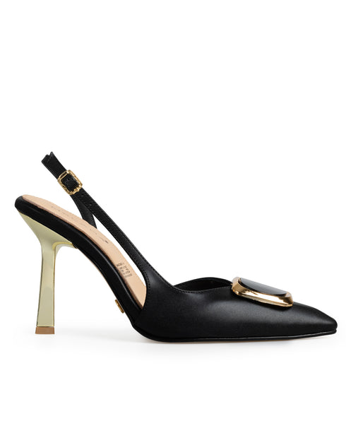 Zapatilla Negra Slingback Hebilla Oro 5235