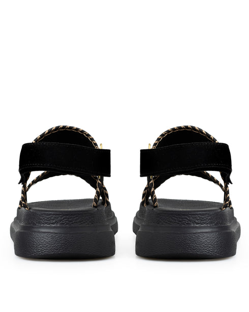 Sandalia Plana Negra Costuras Contraste 7906