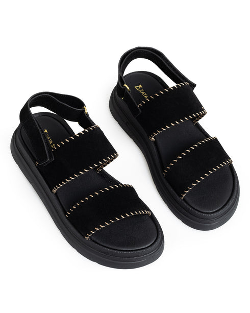 Sandalia Plana Negra Costuras Contraste 7906