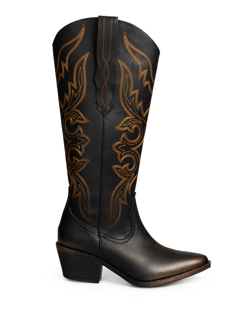 Bota Vaquera Negra Western Puntadas Bronce 8011
