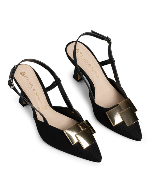 Zapatilla Negra Slingback Cuadros Oro 9711
