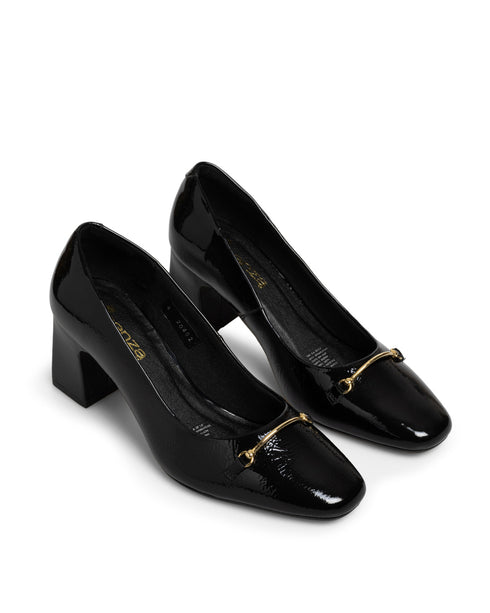 Zapatilla Negra Tacón Cuadrado Hebilla Dorada 20402