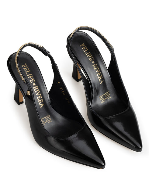 Zapatilla Negra Slingback Eslabones Oro 21327