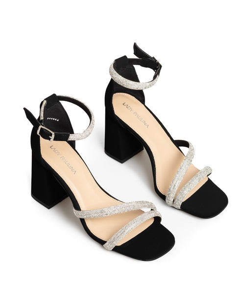 Sandalia Negra Ankle Strap Tiras Brillos 22714
