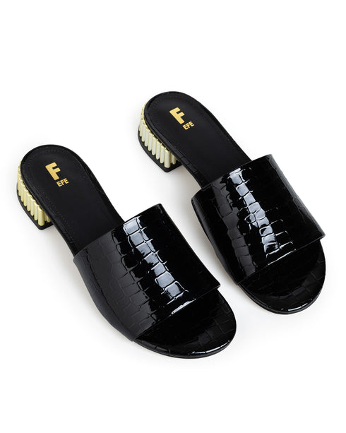 Sandalia Negra Croc Tacón Dorado 268503