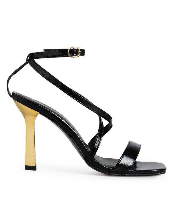 Zapatilla Negra Tiras Cruzadas Tacón Oro 439005