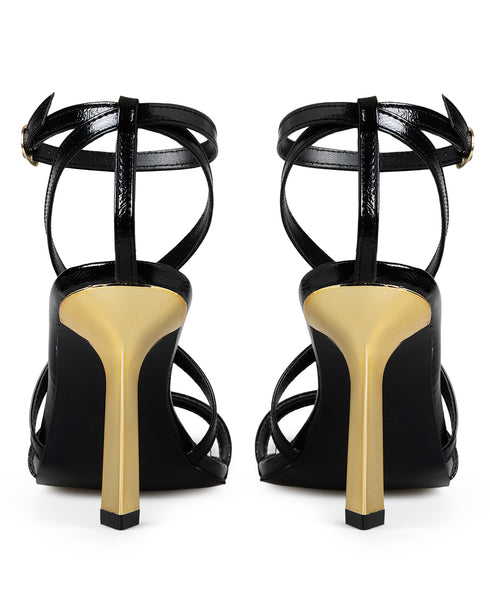 Zapatilla Negra Tiras Cruzadas Tacón Oro 439005