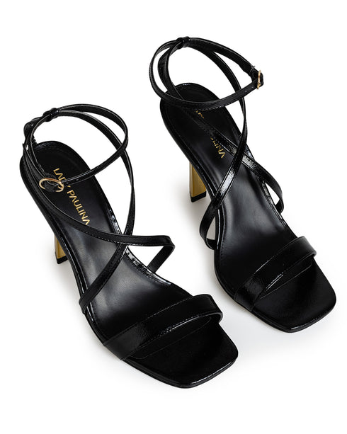 Zapatilla Negra Tiras Cruzadas Tacón Oro 439005