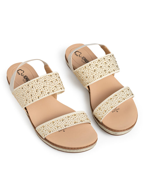 Sandalia Beige Tiras Estoperoles Oro MD20352