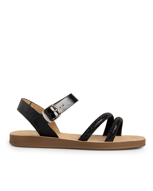 Sandalia Plana Negra Tiras Brillos MD68518