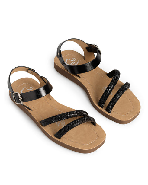 Sandalia Plana Negra Tiras Brillos MD68518