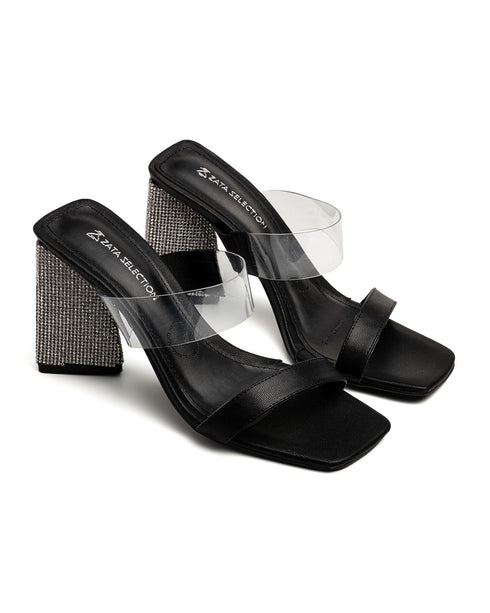 Sandalia Negra Doble Tira Tacón Glitter 99009