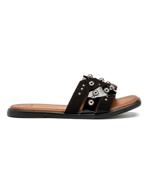 Sandalia Plana Negra Bolitas Inox MD22705