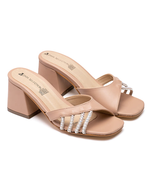 Sandalia Tacón Bajo Nude Con Perlas 1952